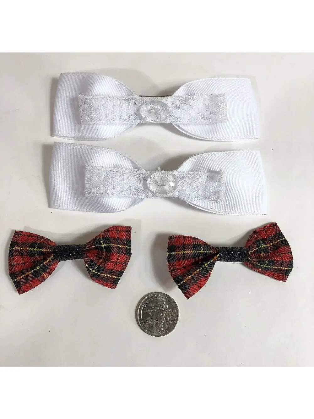 Hair Clip Barrette Lot Ribbon Bow - White and Red Plaid - Trendy New Coquette